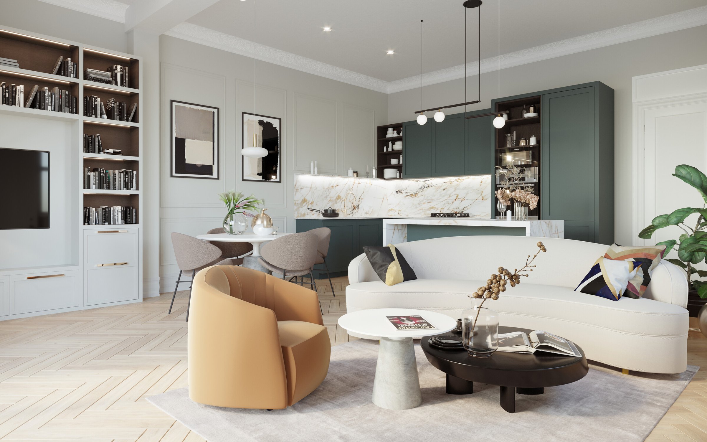Broadwater House living room CGI with paired windows and bronze lighting, Royal Tunbridge Wells, by HDEY