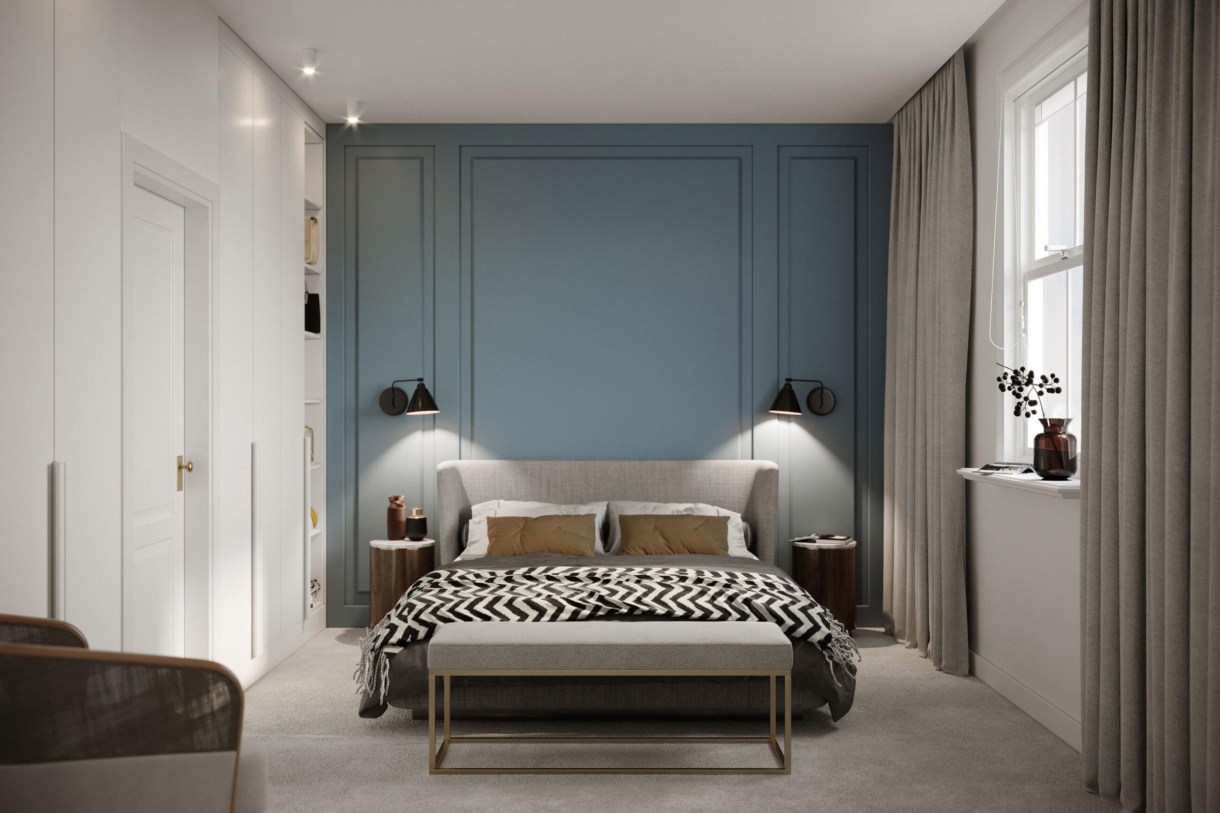 Brompton Gardens principal bedroom CGI with blue panelled headboard wall, West End, Woking, by HDEY