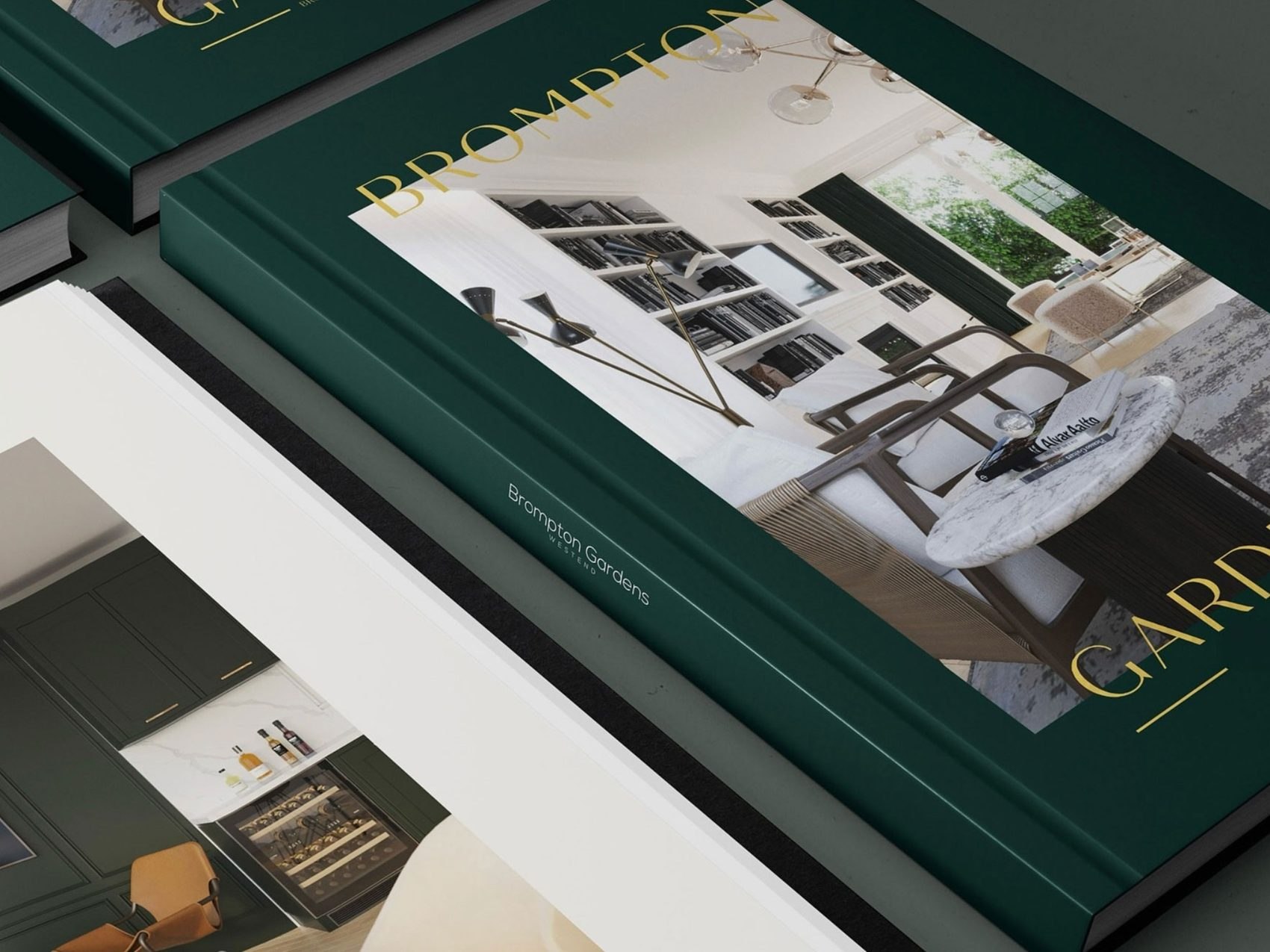 Brompton Gardens brochure bound as a hardback in deep green with gold foiled lettering, print design by HDEY