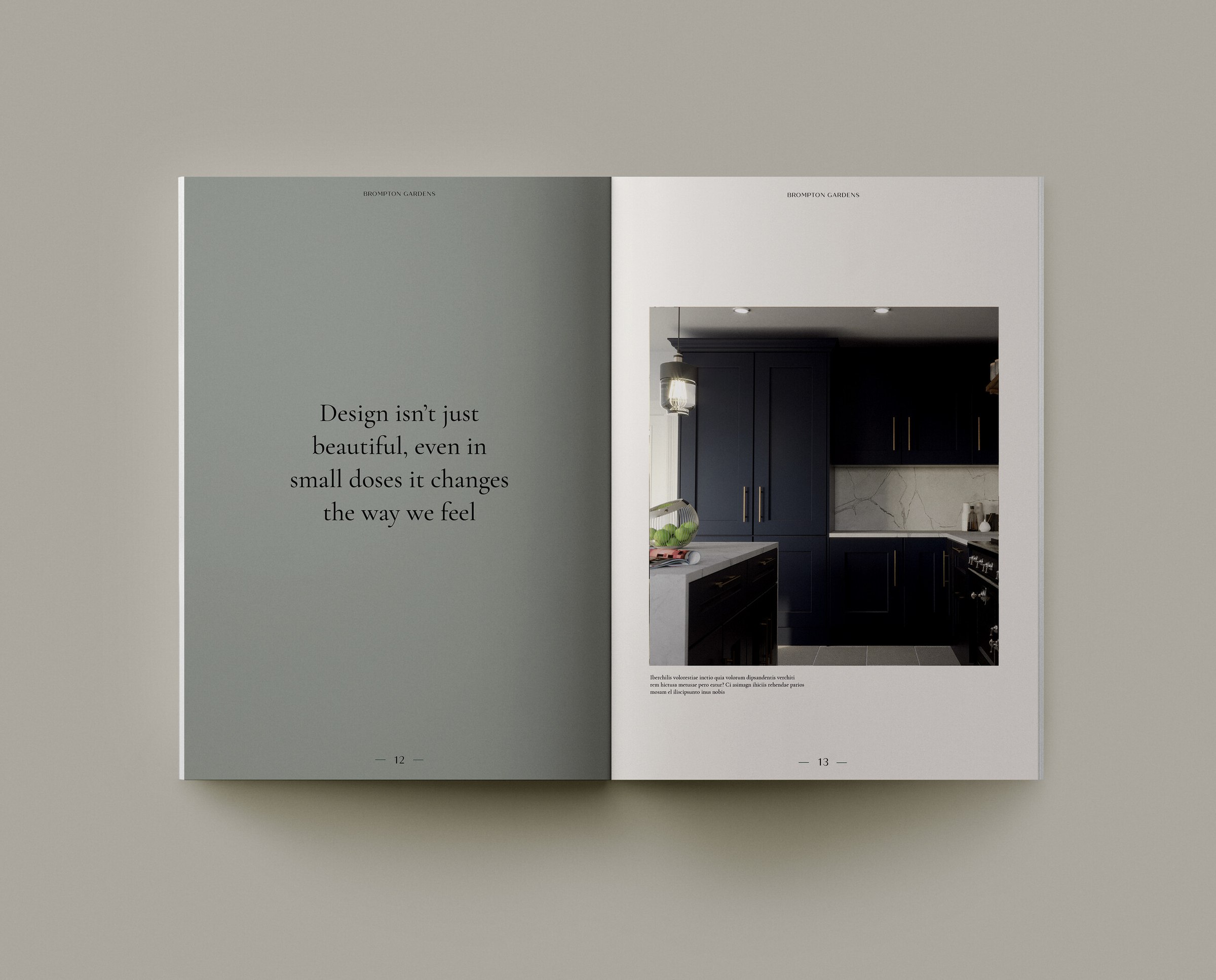 Brompton Gardens brochure spread with a pull quote facing a kitchen image, print design by HDEY