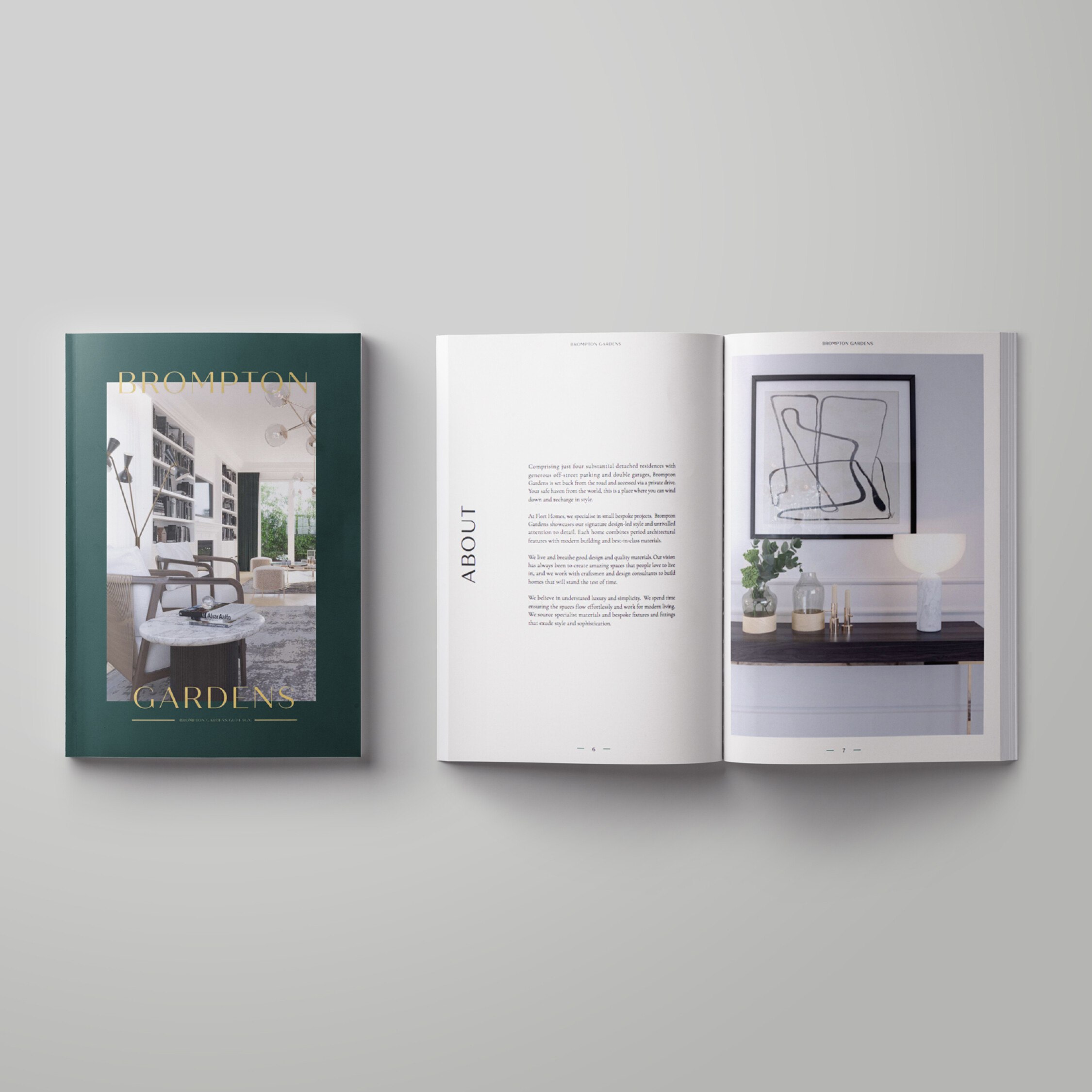 Brompton Gardens brochure cover in deep green with an About spread, print design by HDEY