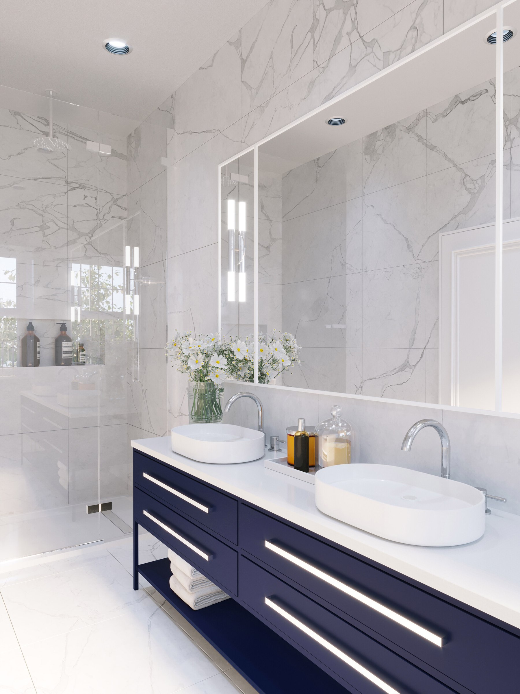 Brompton Gardens ensuite CGI with marble, twin basins and navy vanity, West End, Woking, by HDEY