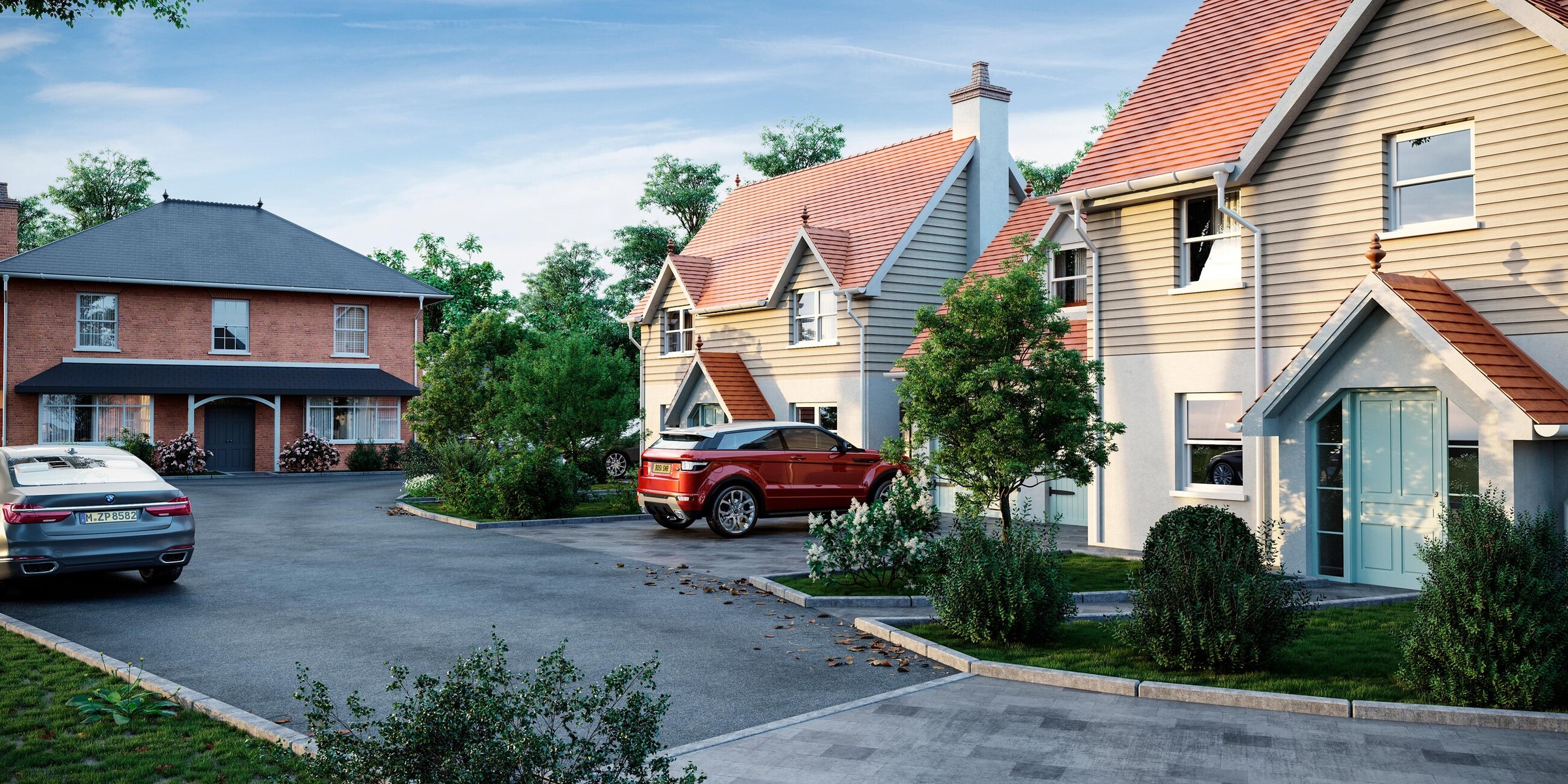 Brompton Gardens external CGI — four detached houses on a private drive, West End, Woking, by HDEY