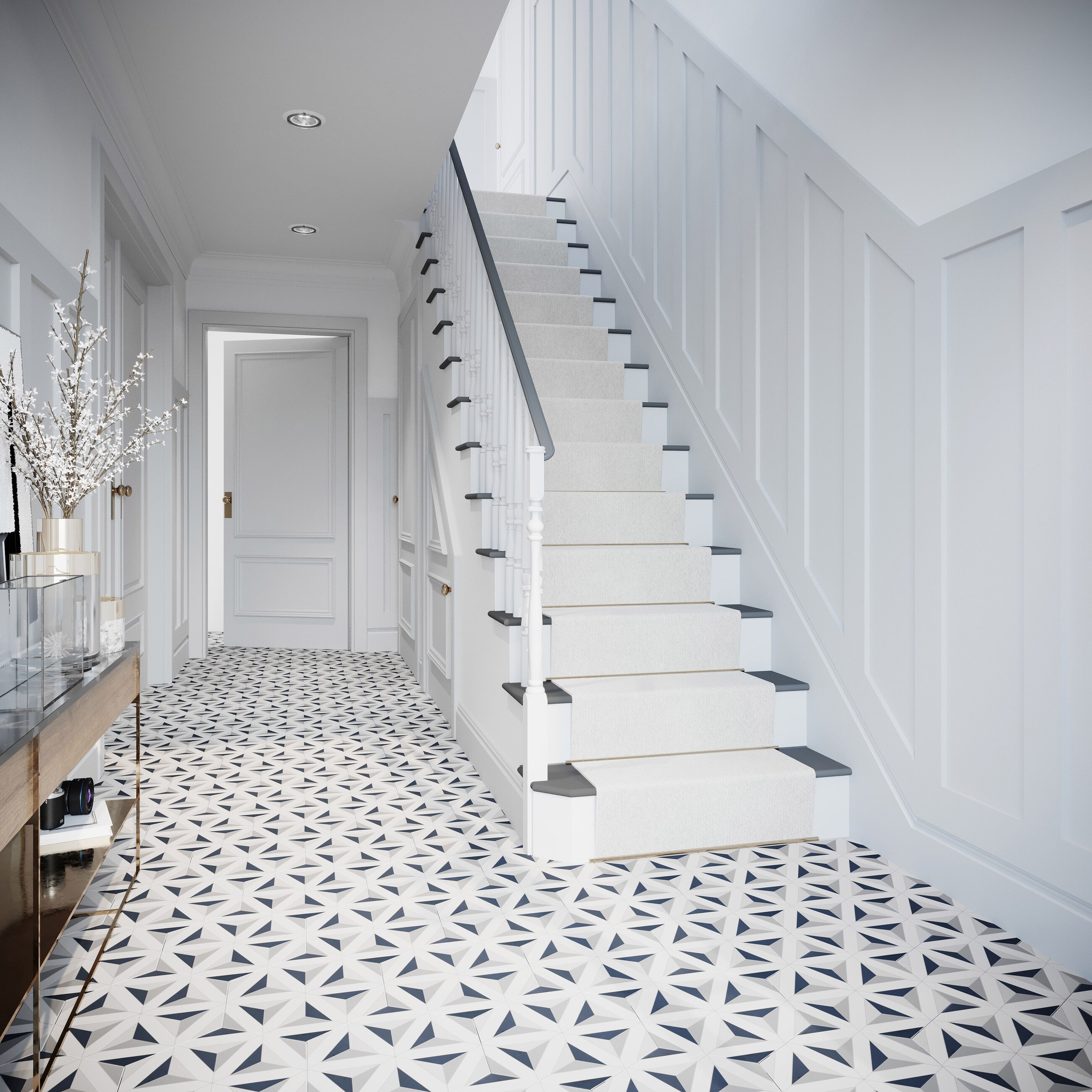 Brompton Gardens hallway CGI with geometric porcelain floor, panelling and staircase, West End, Woking, by HDEY