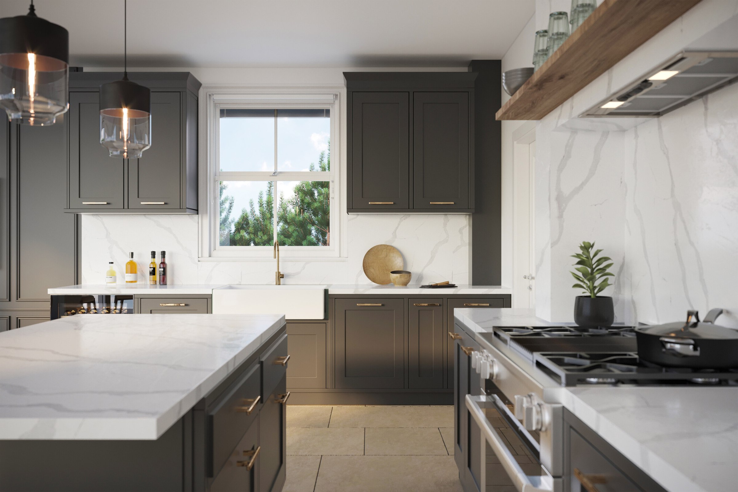 Brompton Gardens kitchen CGI with hand-painted Shaker units, marble island and range, West End, Woking, by HDEY