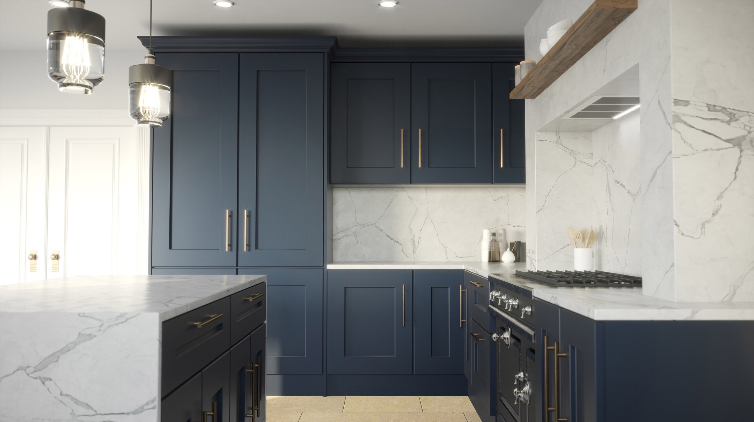 Brompton Gardens kitchen CGI showing the pantry run and island, West End, Woking, by HDEY