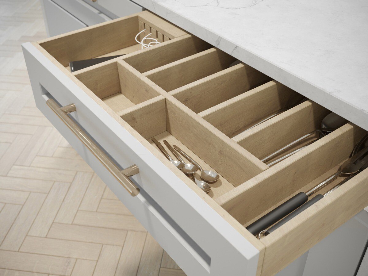 Brompton Gardens cutlery drawer detail CGI with oak dividers, West End, Woking, by HDEY