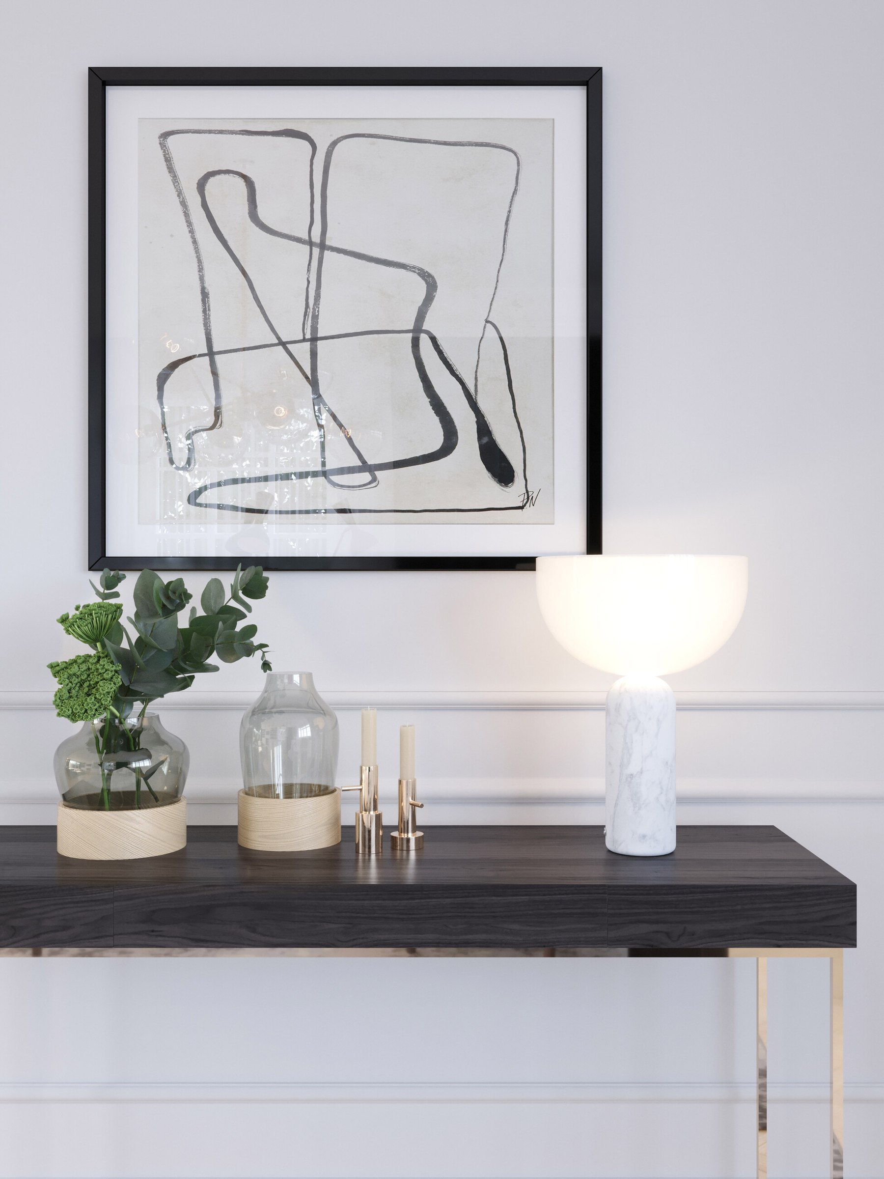 Brompton Gardens living room console detail CGI with artwork and table lamp, West End, Woking, by HDEY