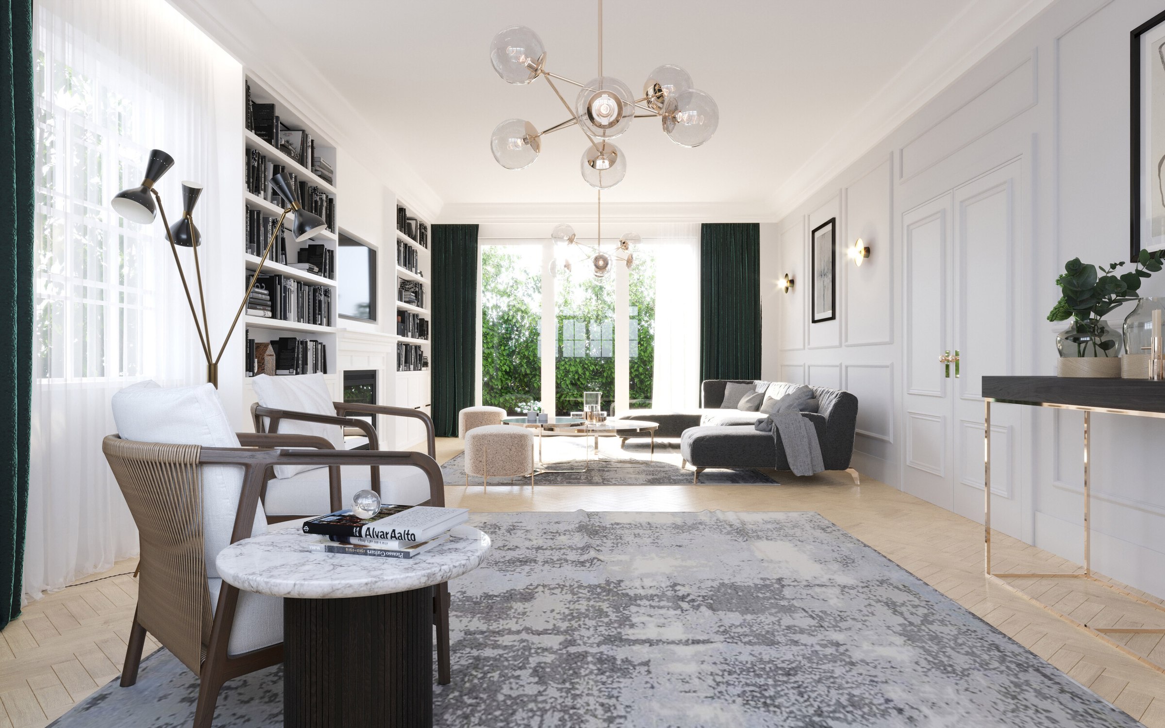 Brompton Gardens living room CGI with panelled walls, built-in bookcases and garden doors, West End, Woking, by HDEY