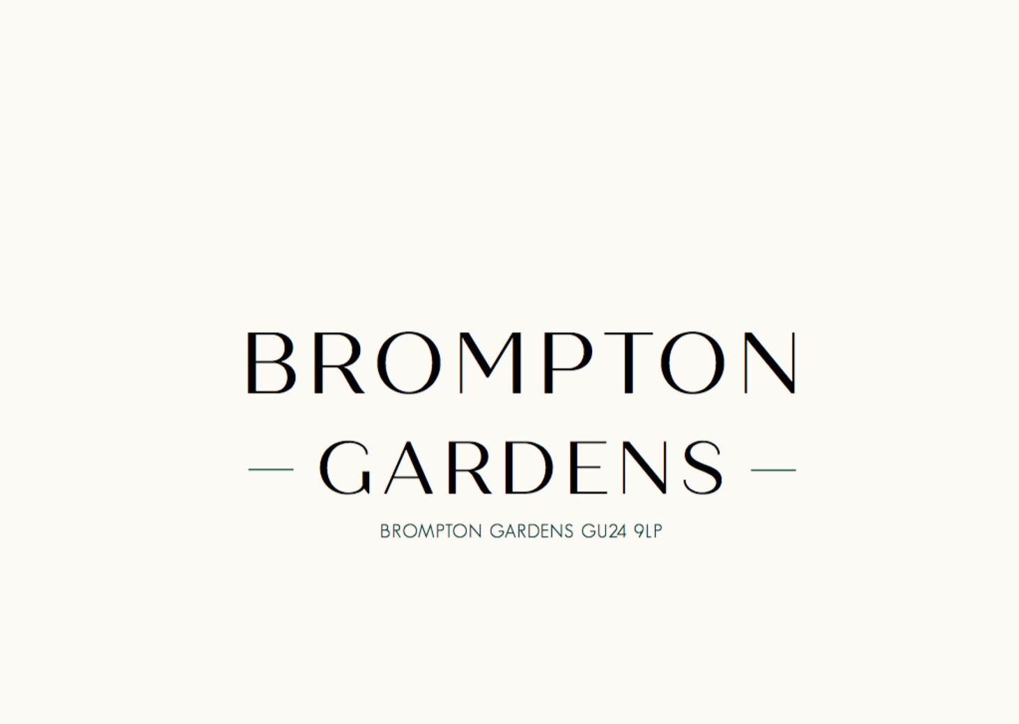 Brompton Gardens logo — wide-set capitals with hairline rules and the postcode set beneath, by HDEY