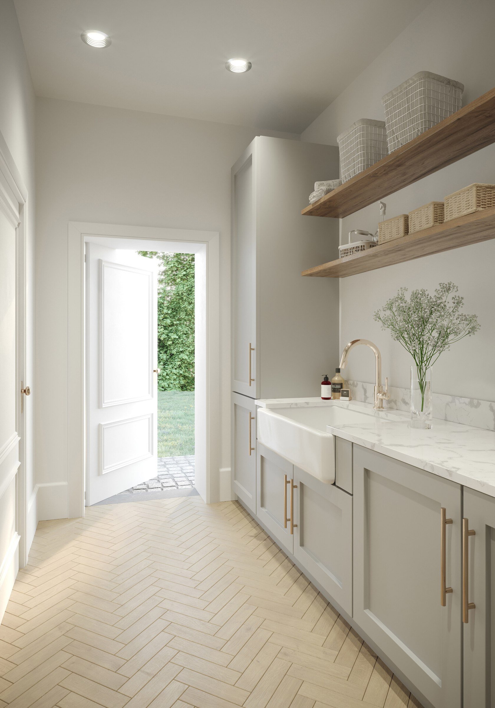 Brompton Gardens utility room CGI with Belfast sink, open shelving and garden door, West End, Woking, by HDEY