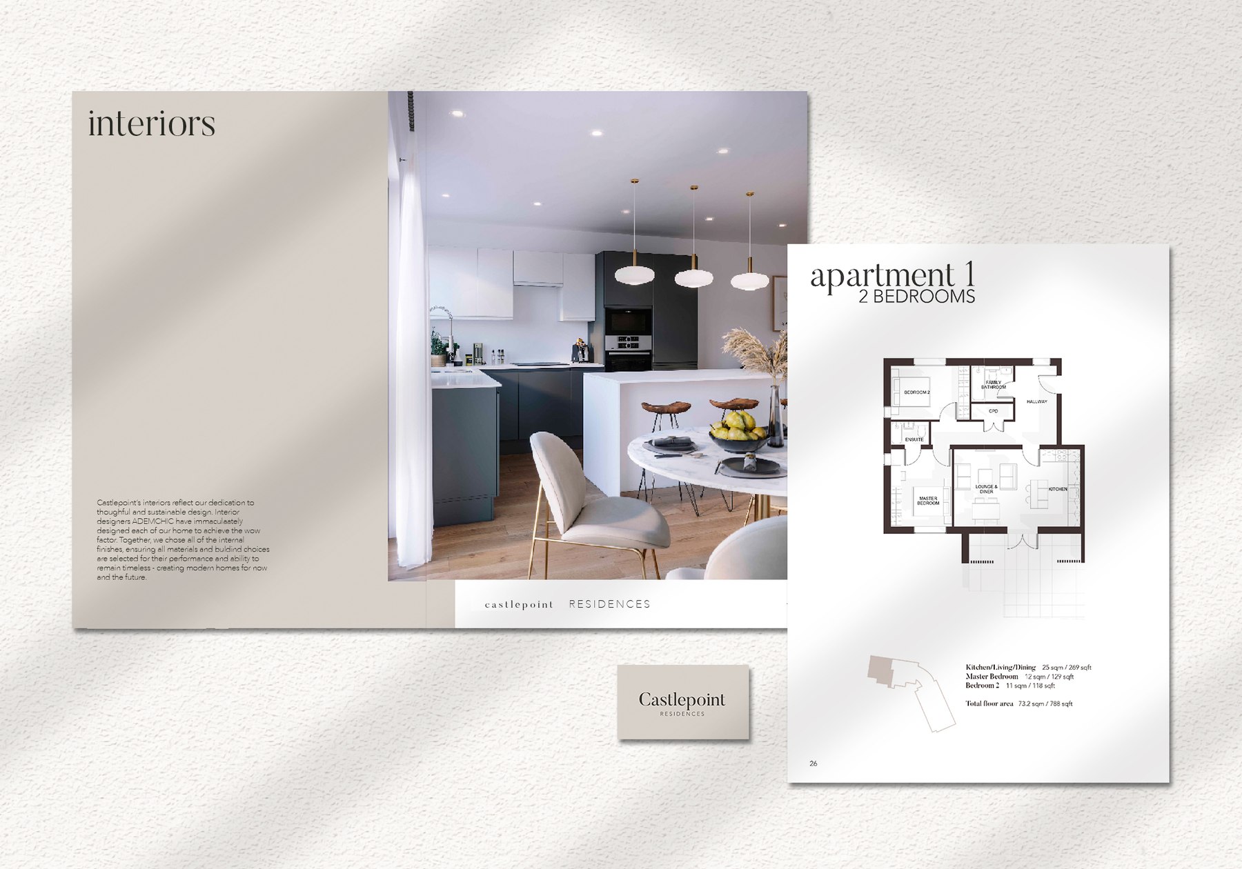 Castlepoint Residences brochure open at the interiors spread with an apartment floor plan page and business card, print design by HDEY