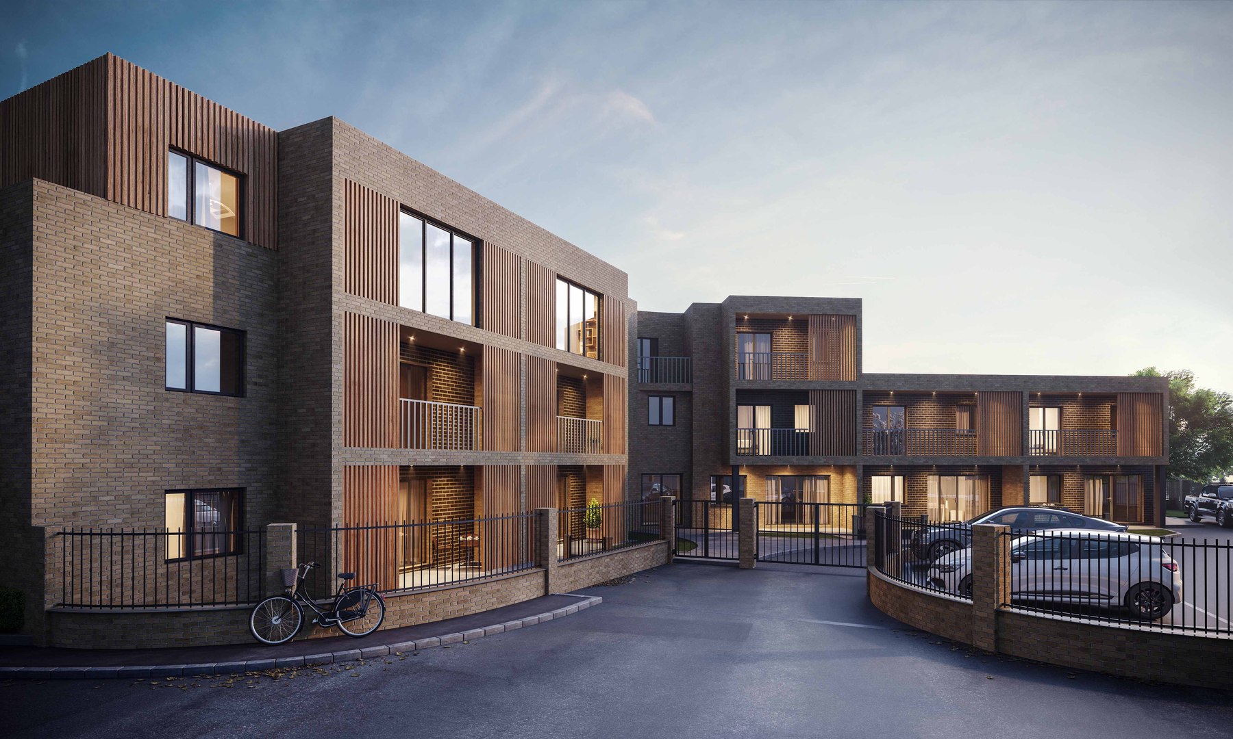 Castlepoint Residences rear courtyard CGI at dusk with timber-screened balconies and parking, Huntingdon — by HDEY