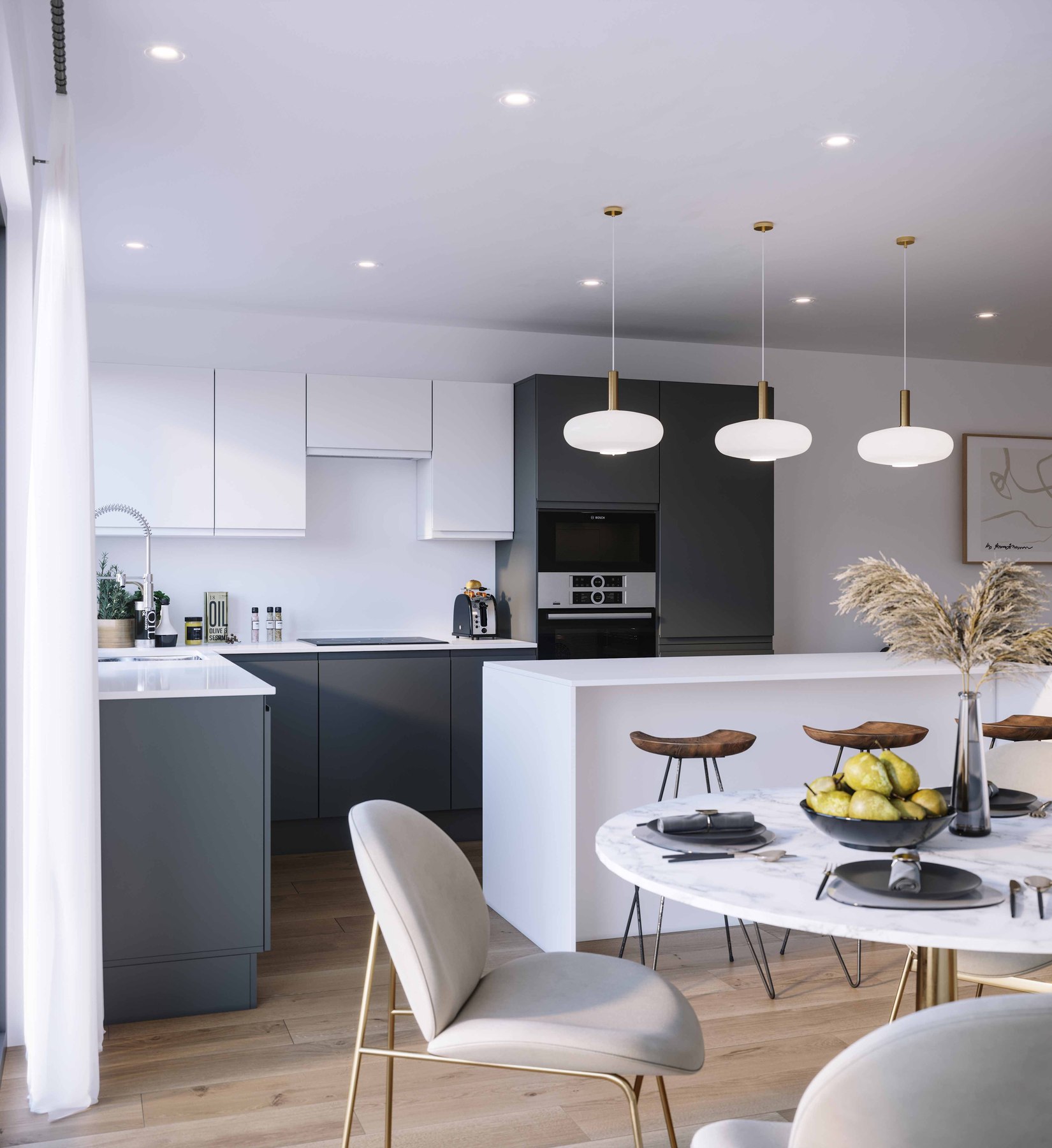 Castlepoint Residences kitchen CGI with matt charcoal cabinetry, white worktops, brass pendants and a marble table, Huntingdon — interior design by HDEY