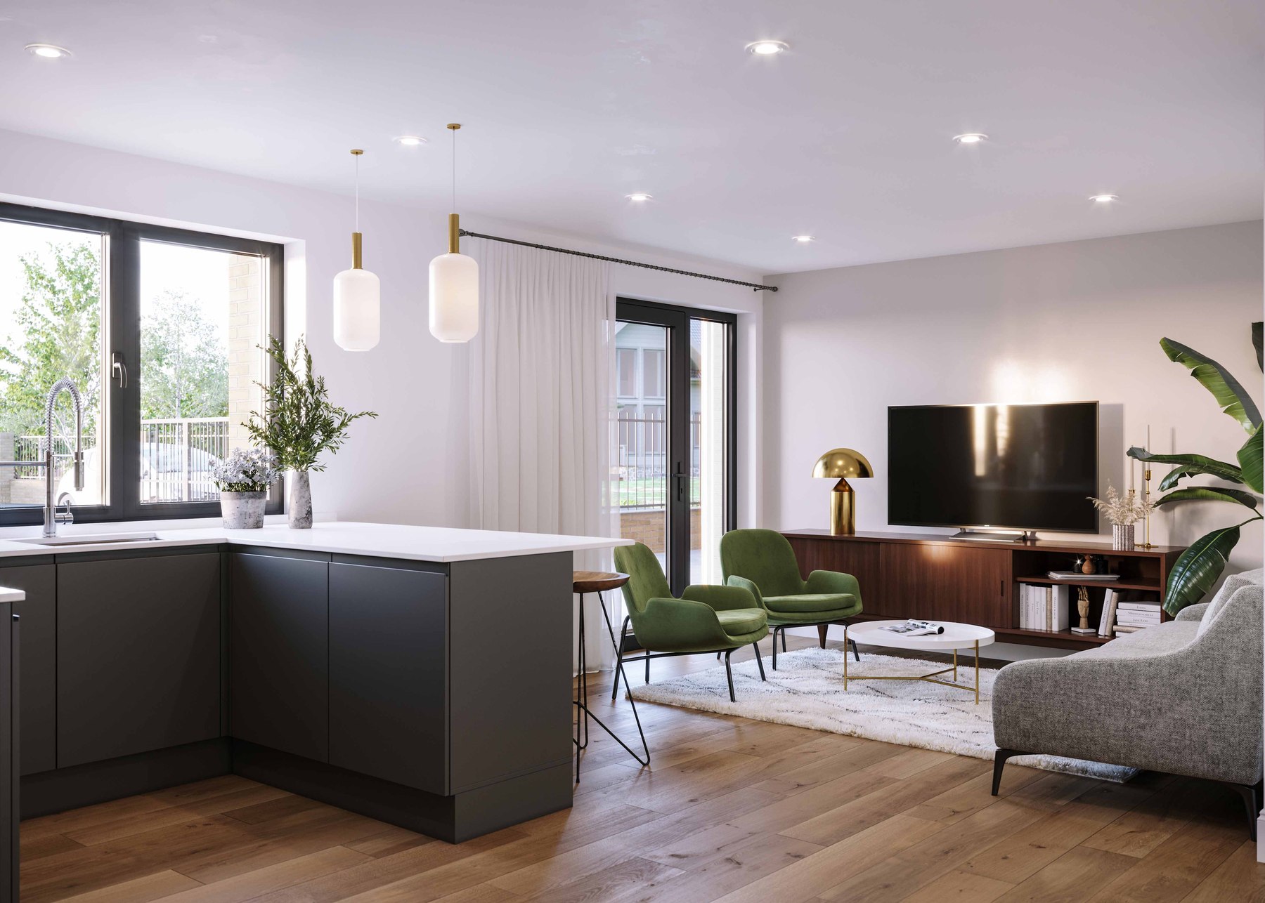 Castlepoint Residences open-plan living CGI with green armchairs, walnut media unit and doors to a balcony, Huntingdon — interior design by HDEY