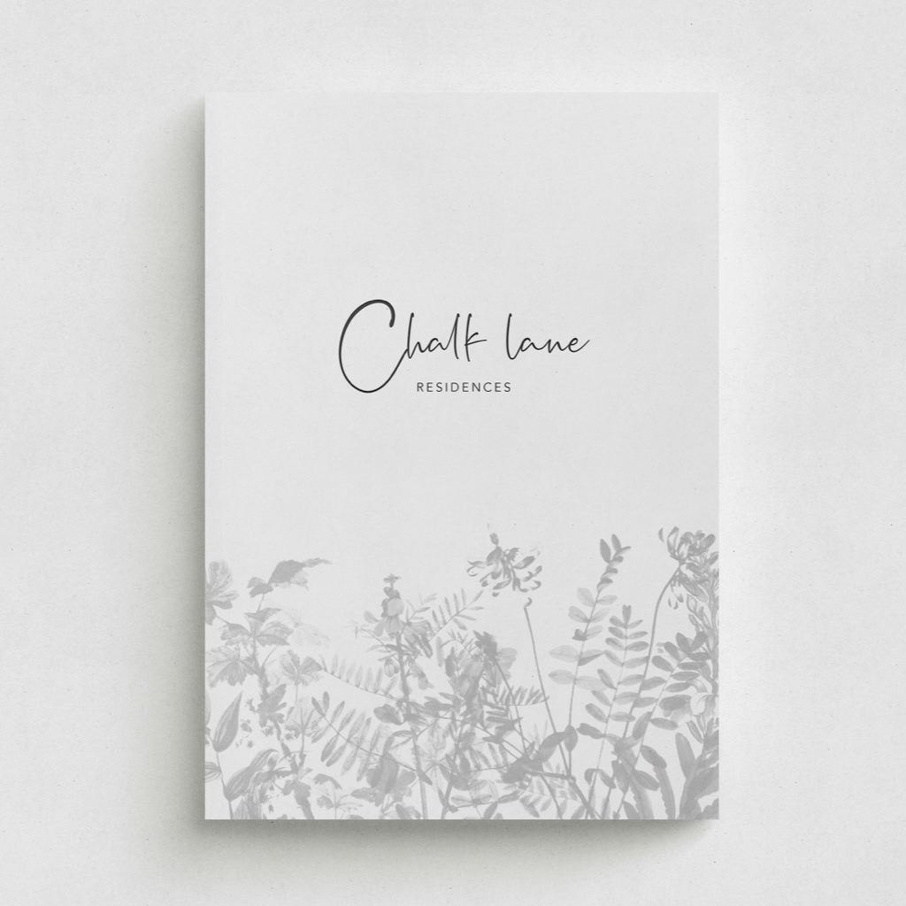 The Chalk Lane Residences brochure cover with the script logotype, print design by HDEY
