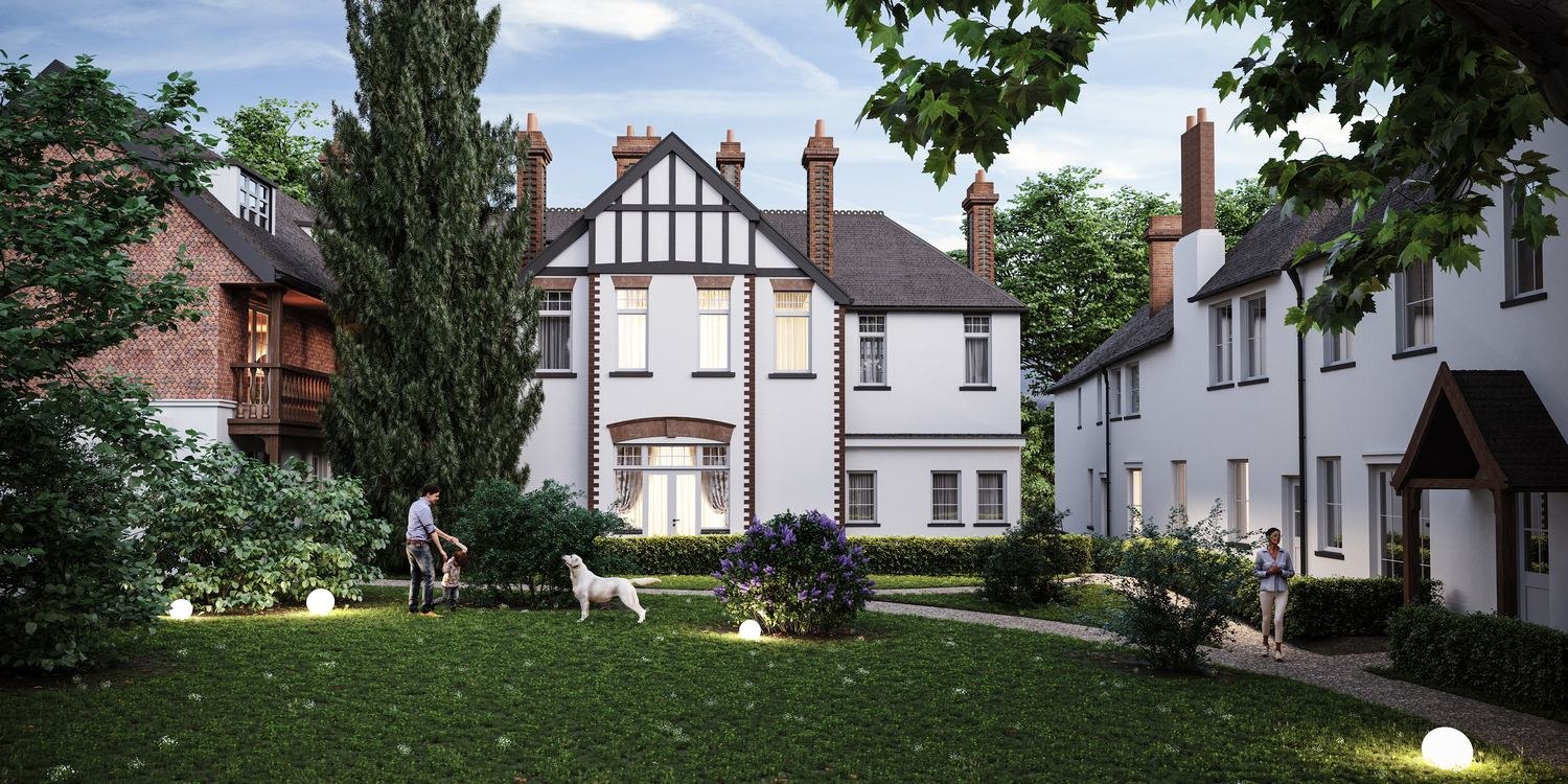 The Chalk Lane Residences external CGI showing the restored landmark building and lawns, Epsom — by HDEY