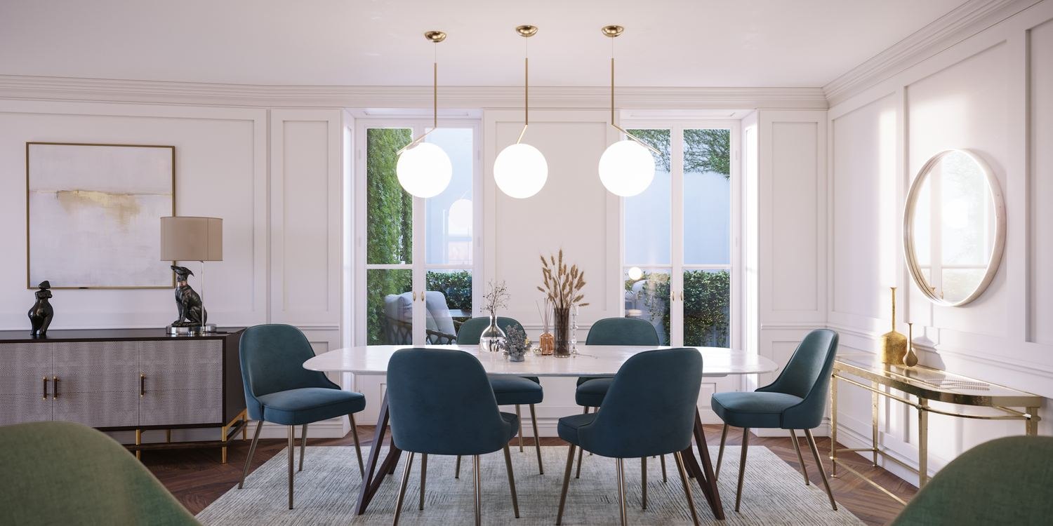The Chalk Lane Residences dining CGI with pendant lighting and panelled walls, Epsom — by HDEY