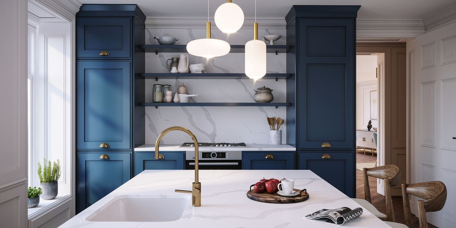 The Chalk Lane Residences kitchen CGI with navy cabinetry, marble island and brass tap, Epsom — by HDEY