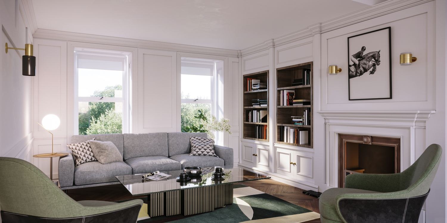 The Chalk Lane Residences living room CGI with bay window, fireplace and built-in shelving, Epsom — by HDEY
