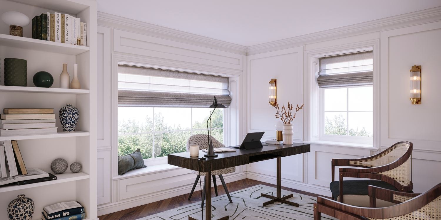 The Chalk Lane Residences study CGI with built-in shelving and desk, Epsom — by HDEY