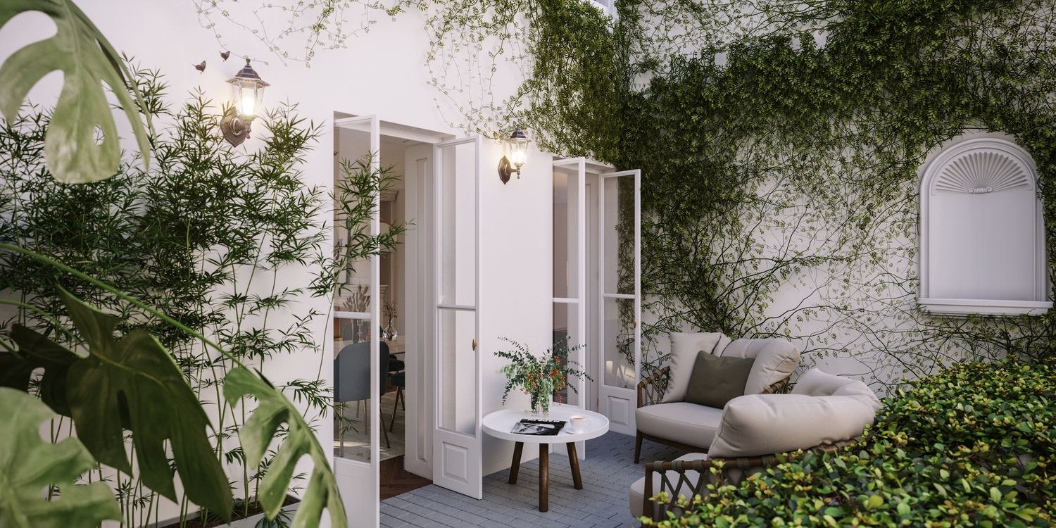 The Chalk Lane Residences terrace CGI with garden doors open onto planting, Epsom — by HDEY