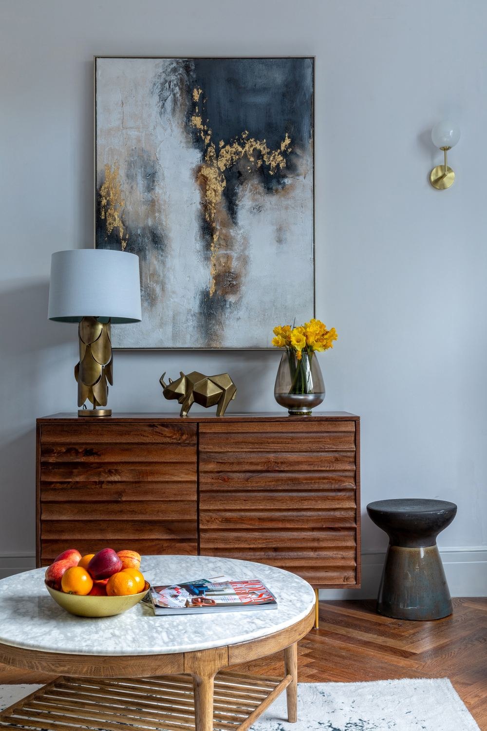 The Chalk Lane Residences show home sideboard vignette with artwork and lamp, Epsom — styled by HDEY