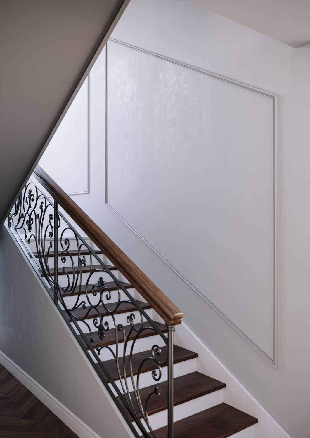 The Chalk Lane Residences original staircase with ornate ironwork balustrade, Epsom