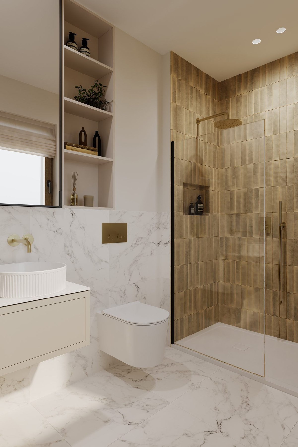 Chapman Collection en-suite bathroom with marble tiles, New Eltham — specification by HDEY
