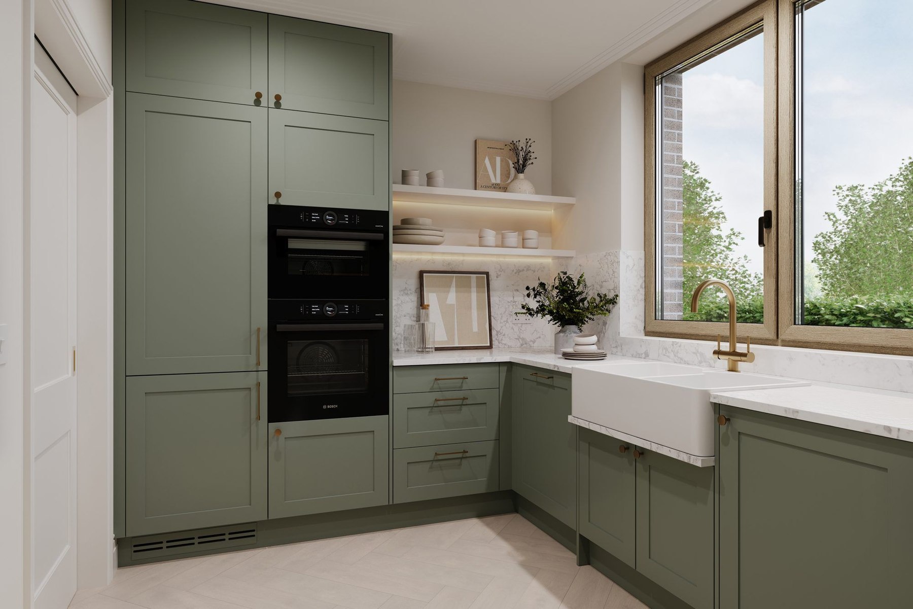 Chapman Collection kitchen detail with marble splashback and brass hardware, New Eltham — specification by HDEY