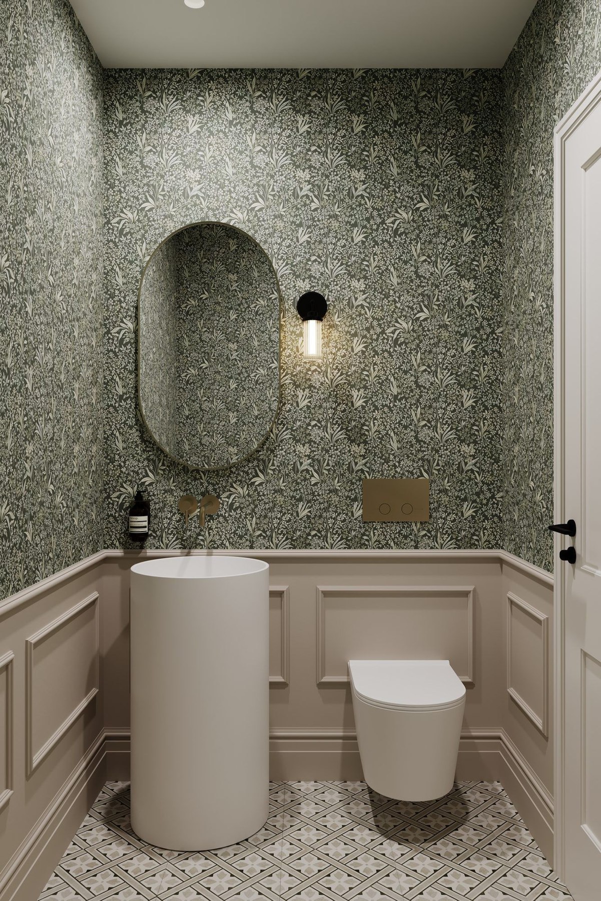 Chapman Collection ground floor WC with traditional panelling and floral wallpaper, New Eltham — designed by HDEY