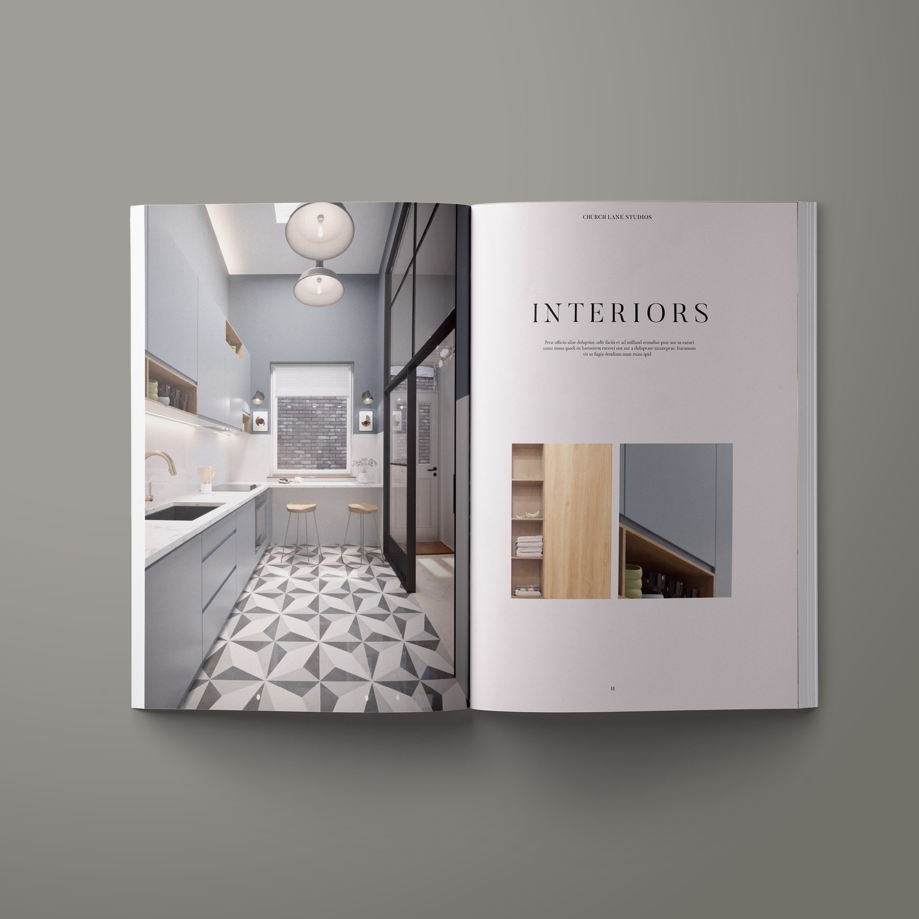 Church Lane Studios brochure open at the Interiors spread showing the kitchen with patterned floor tiling, print design by HDEY