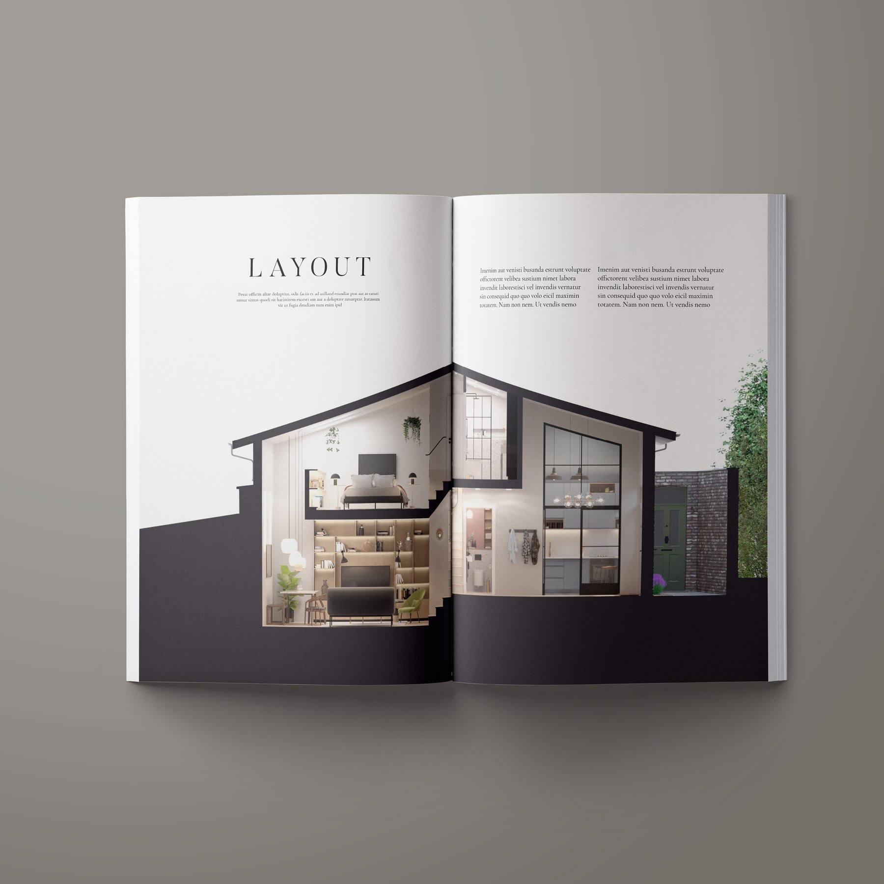 Church Lane Studios brochure open at the Layout spread with a cutaway section through the studio, print design by HDEY