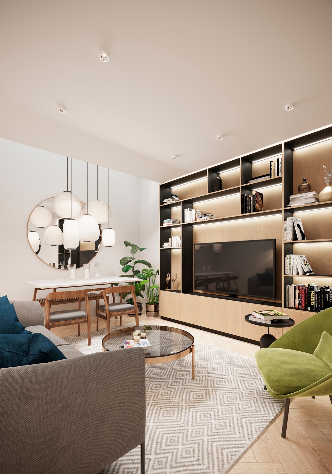 Church Lane Studios living and dining CGI with full-height oak and black joinery, a cluster pendant and a green armchair, East Finchley — interior design by HDEY