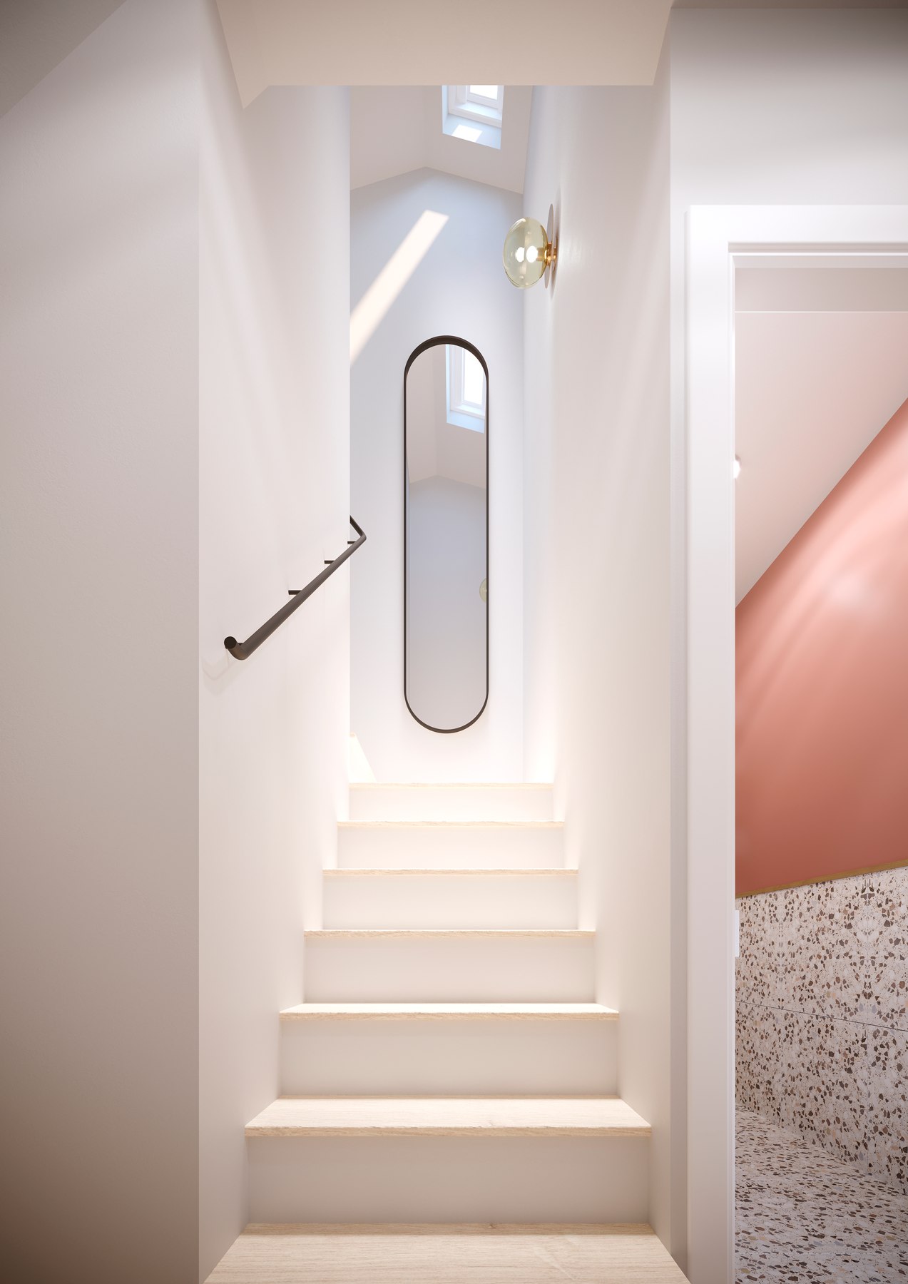 Church Lane Studios stair CGI with a rooflight, oval mirror and terrazzo, East Finchley — interior design by HDEY