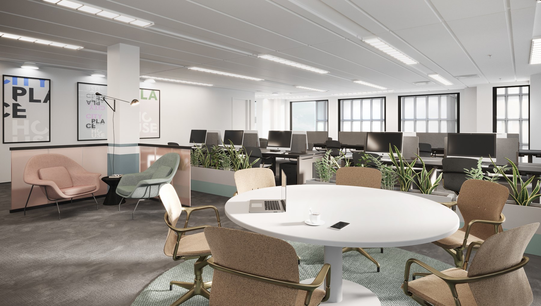 City Place House workspace concept CGI with open-plan desking, a lounge corner and branded artwork in the building palette, City of London — by HDEY