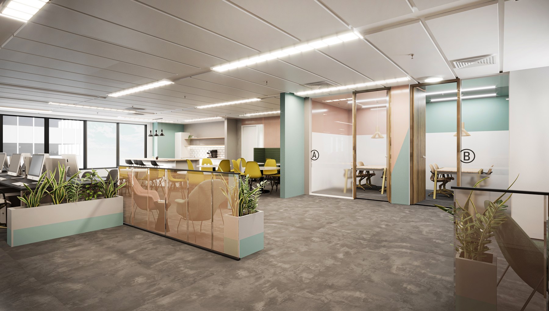 City Place House workspace concept CGI showing glazed meeting rooms lettered A and B, a teapoint and planted screens, City of London — by HDEY