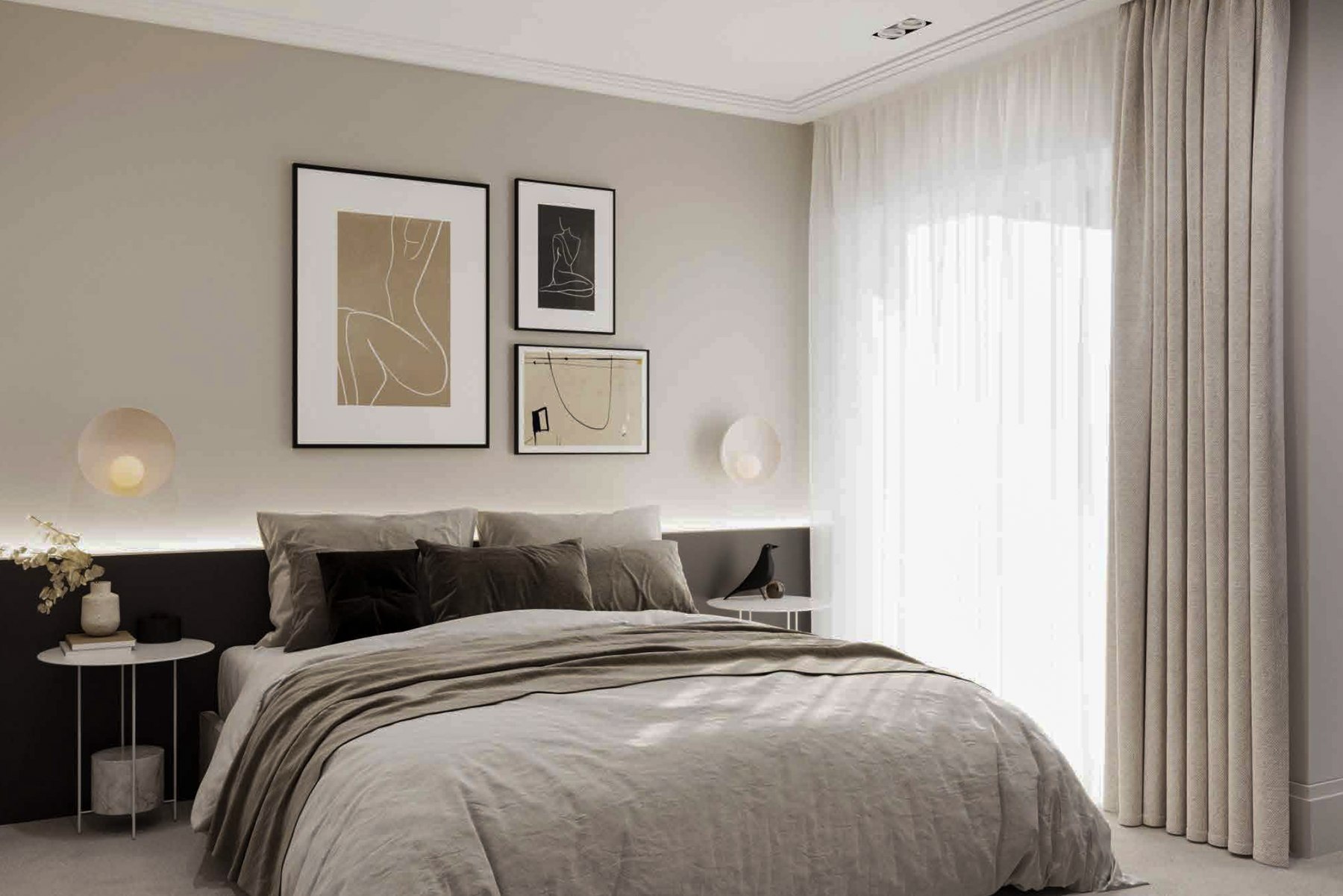 Ealing Broadway bedroom CGI with a dark headboard band, concealed lighting, layered neutrals and sheer curtains, West Ealing W13 — interior design by HDEY