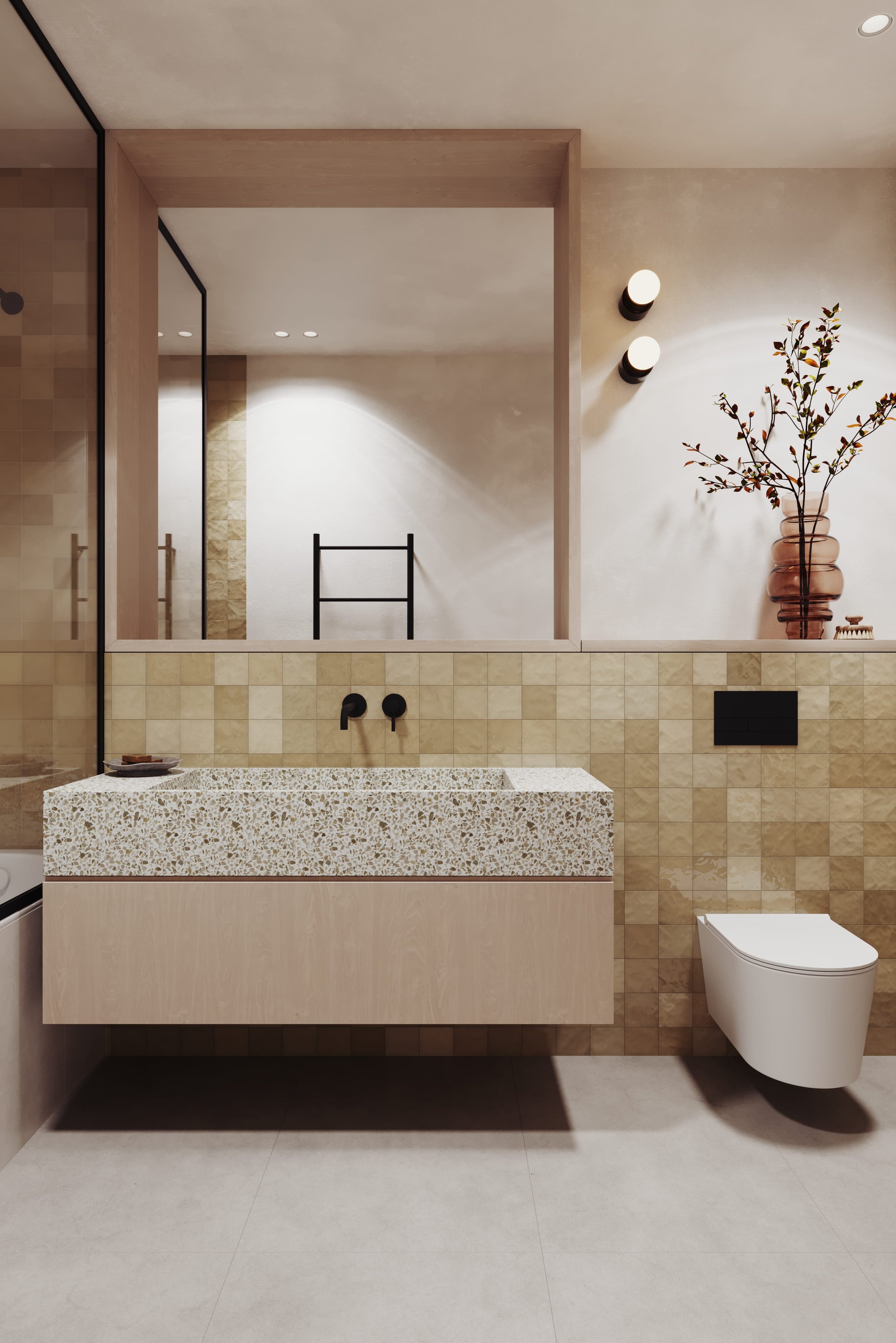 Eastbrook bathroom with terrazzo basin, hand-glazed tile and black brassware, East Dulwich — interior specification by HDEY