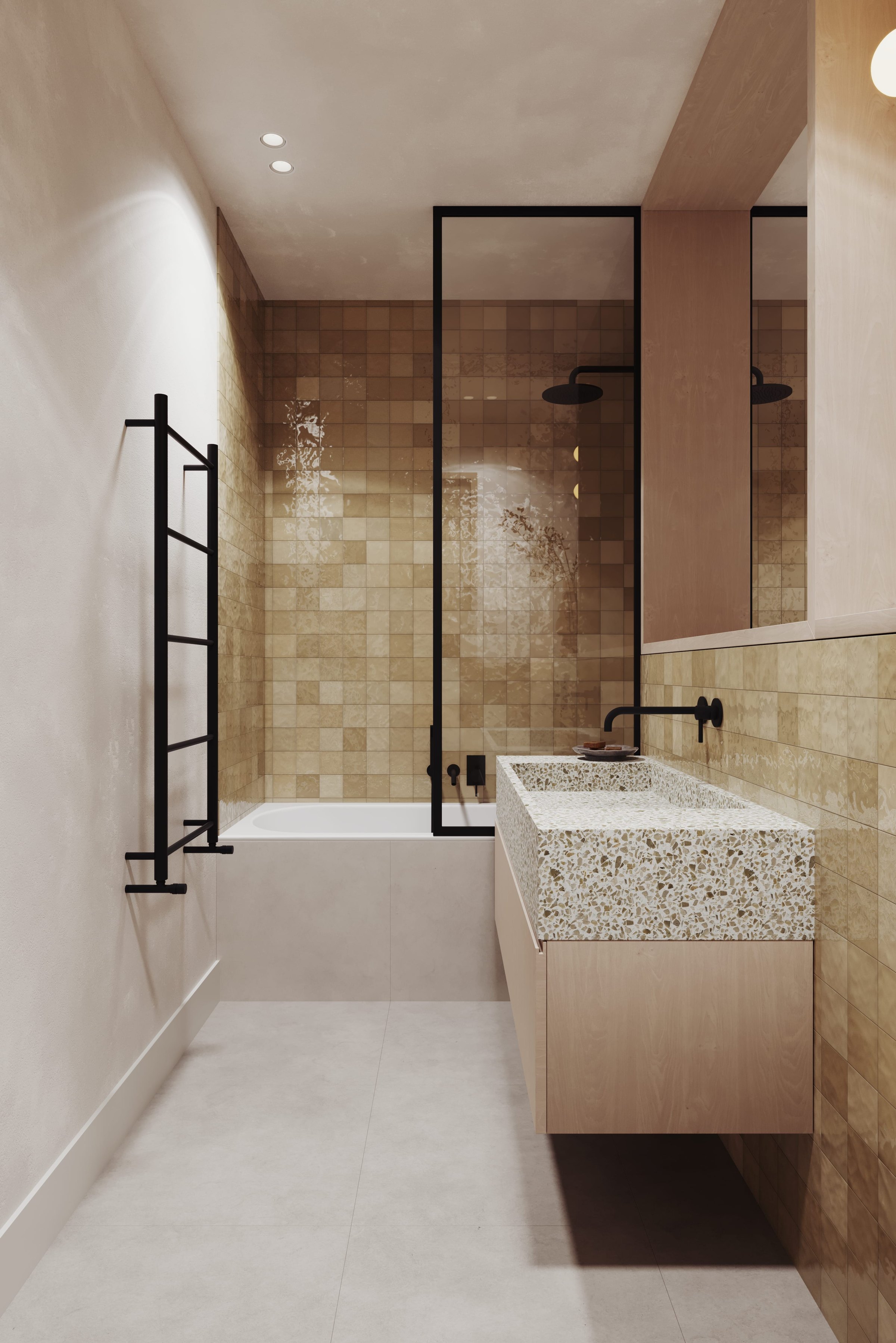 Eastbrook second bathroom with natural stone and timber, East Dulwich — interior specification by HDEY