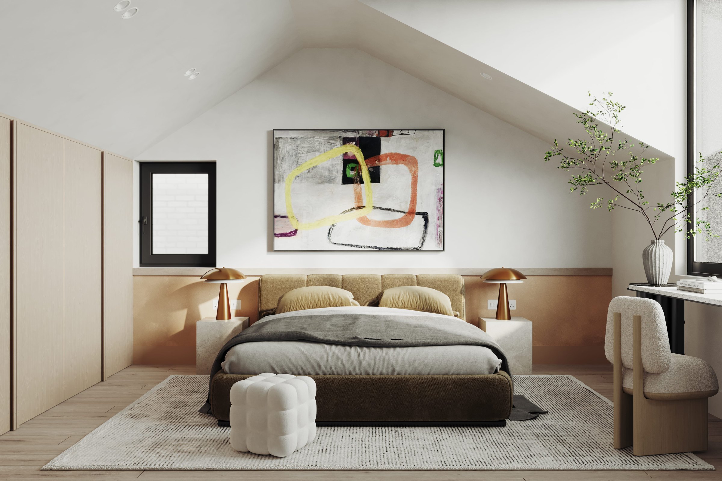 Eastbrook bedroom with engineered oak flooring and warm neutrals, East Dulwich — interior design by HDEY