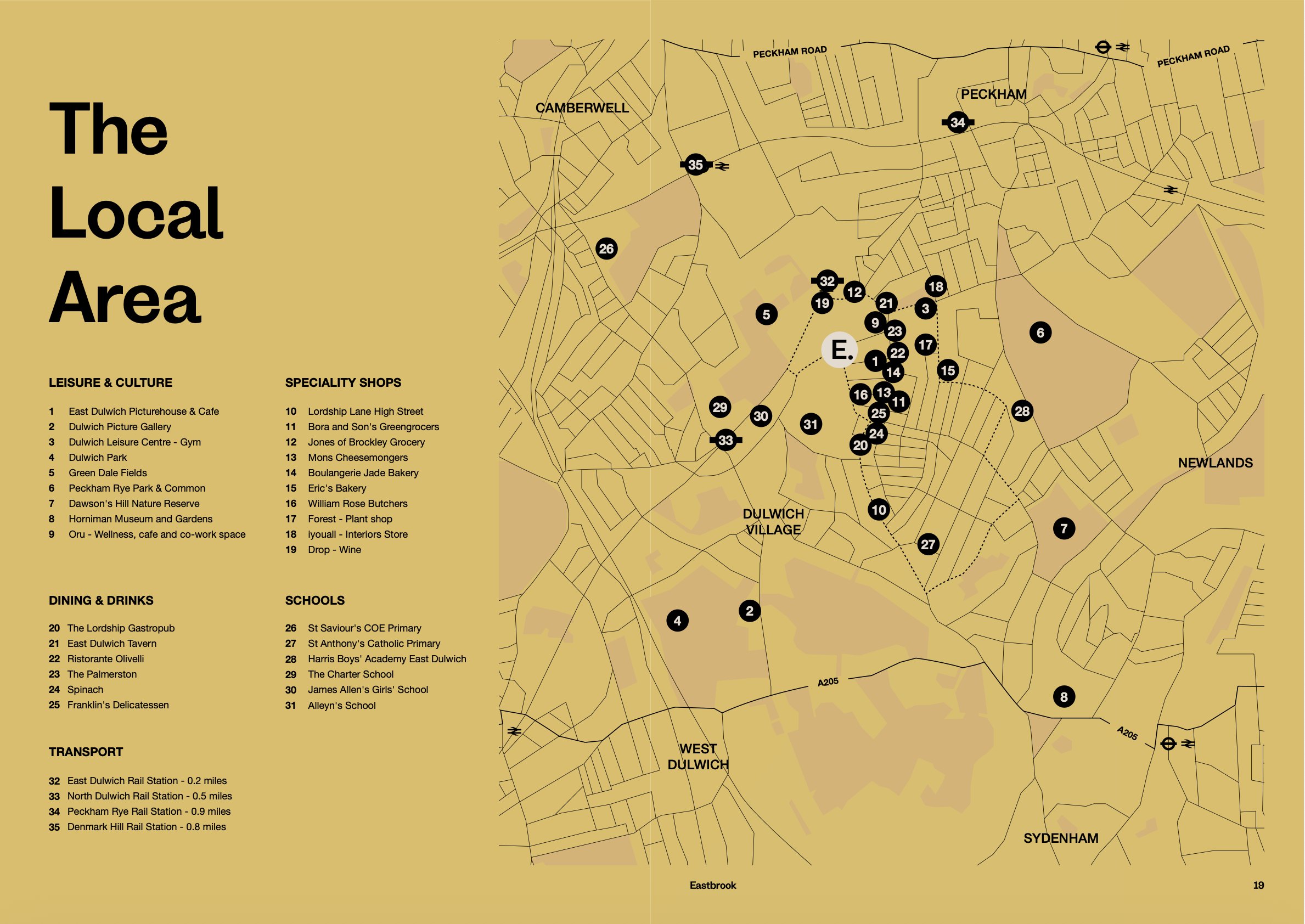 Eastbrook brochure spread — The Local Area map of East Dulwich, editorial design by HDEY
