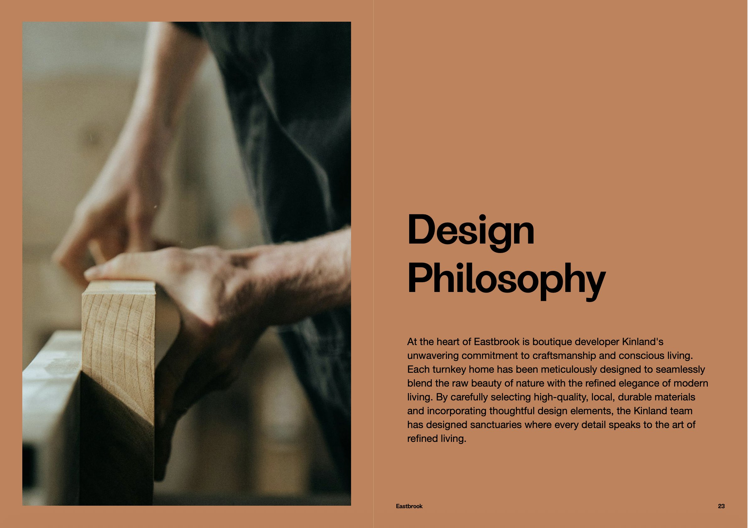 Eastbrook brochure spread — Design Philosophy, craftsmanship and conscious living, print design by HDEY