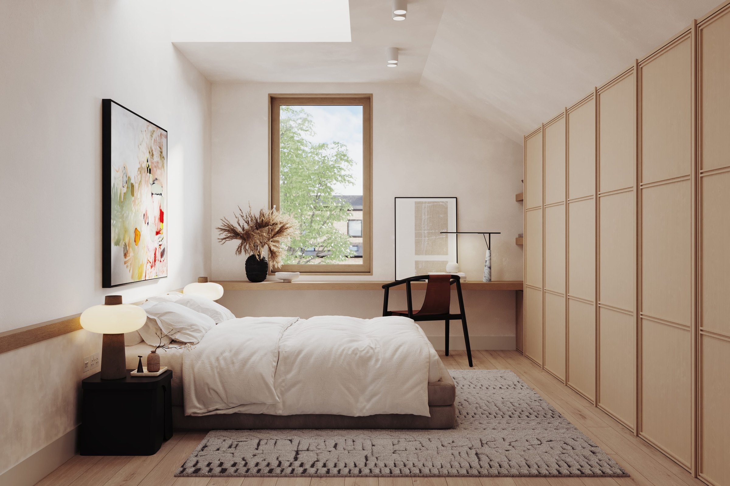 Eastbrook primary bedroom with skylight and soft natural palette, East Dulwich — interior design by HDEY