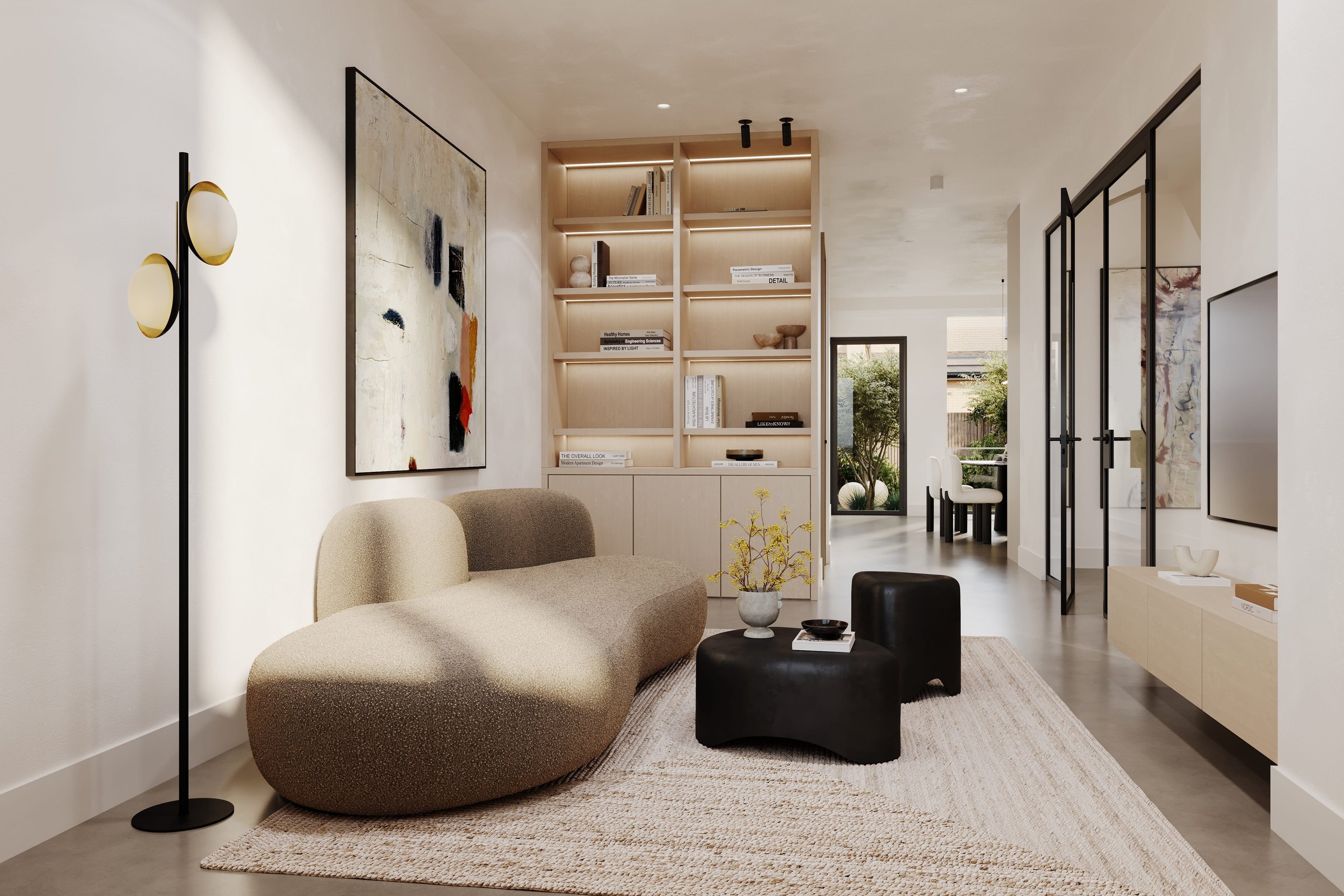 Eastbrook snug with warm timber and layered textiles, East Dulwich — interior design by HDEY