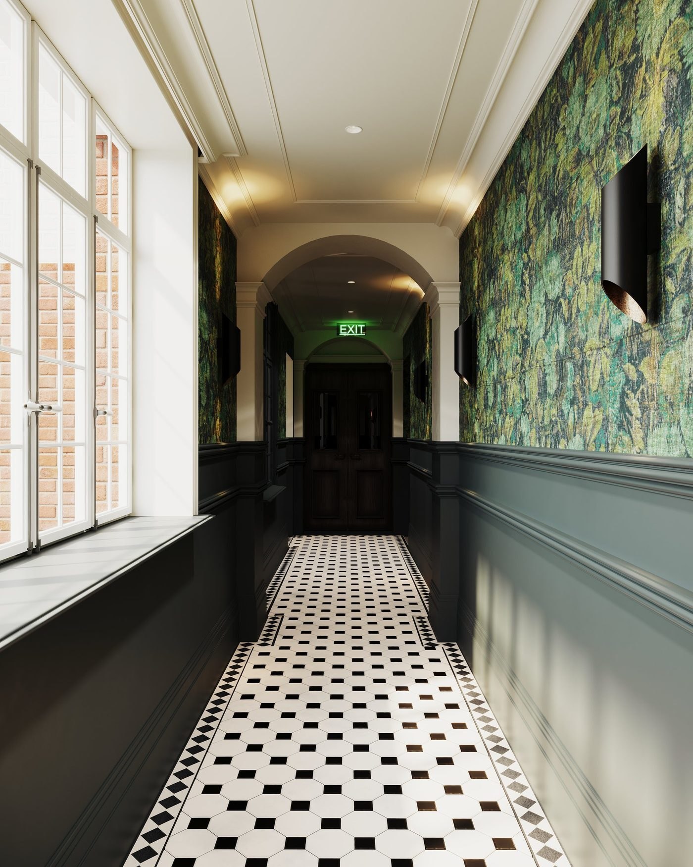 Elliott House communal corridor with feature wall and patterned flooring — Build to Rent interior design by HDEY
