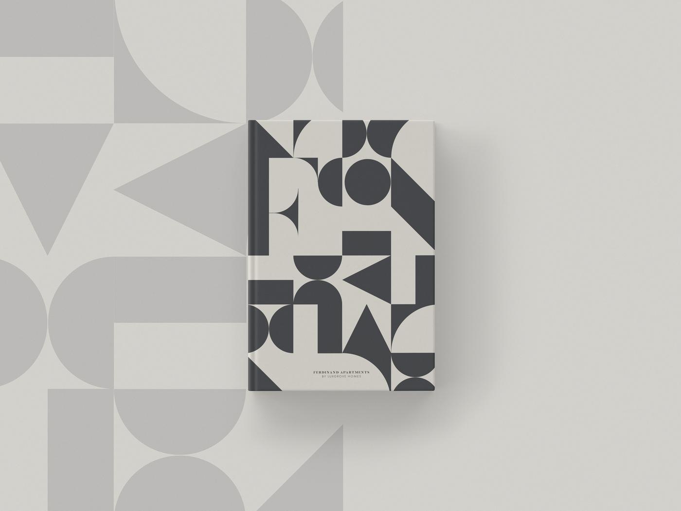 Ferdinand Apartments brochure cover with black and white geometric pattern, print design by HDEY