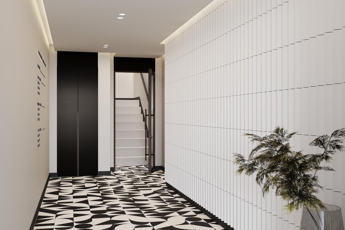 Ferdinand Apartments communal hallway CGI with patterned tiled floor, Camden — by HDEY