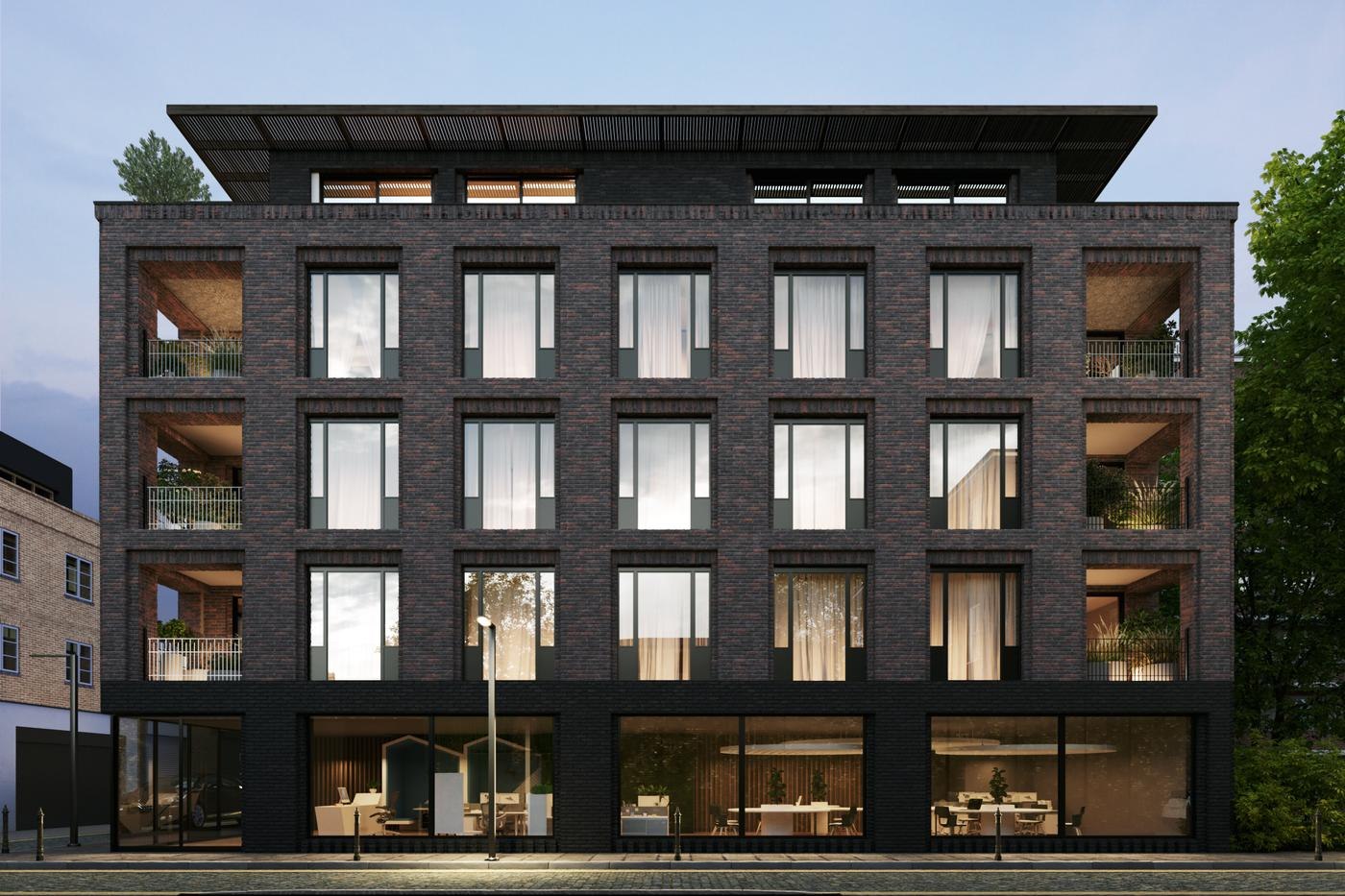 Ferdinand Apartments façade CGI in dark brick with tall windows, Chalk Farm, London NW3 — by HDEY