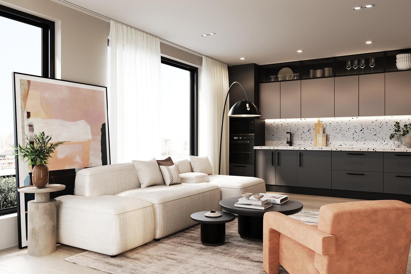 Ferdinand Apartments living room CGI with pale sofa, dark kitchen and tall windows, Camden — by HDEY